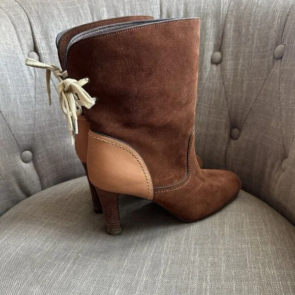 See By Chloe Boots‎ Womens Sz 41 Brown Suede Lara Tie Mid Length Colorblock